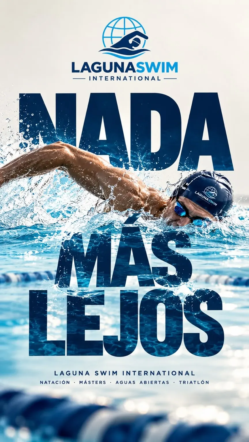Cartel de Laguna Swim International: un nadador de crol con la frase Nada más lejos. Natación, Masters, aguas abiertas y triatlón